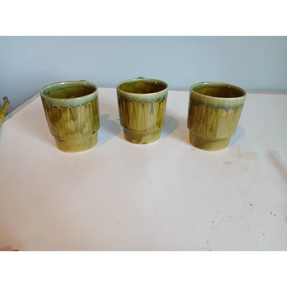 3 Vintage Retro stackable Made in Japan mug cup green drip 8 ounces